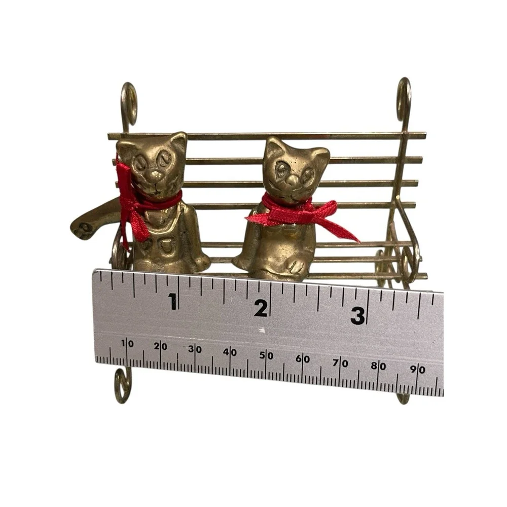 Brass Cats Kittens Sitting Cross Leg Metal Bench Red Ties Taiwan‎ Pair Trinket